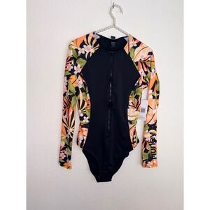 Hurley One Piece Swimsuit Large Black Floral NEW Long Sleeve Zip Rash Guard